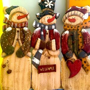 Christmas Holiday Winter Decor Rustic Wood 3 Snowmen Wall Standing Sign Vintage